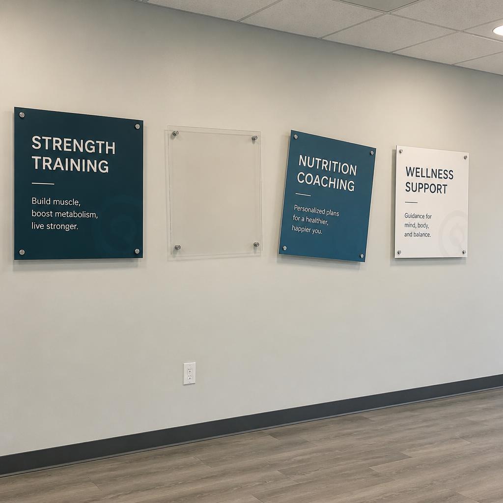 Uploaded commercial signage wall with a missing and crooked sign